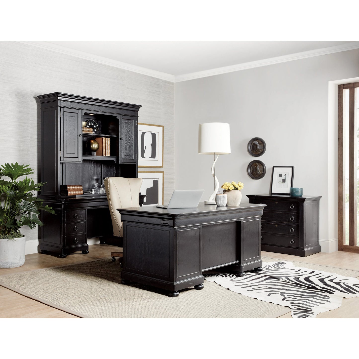 006 SI-1748465 | Lifestyle | Bristowe Computer Credenza by Hooker Furniture in tuxedo black. Made from pecan veneers in a unique style.