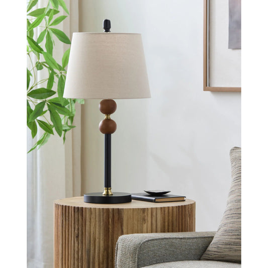Ragay Accent Table Lamp by Livabliss in body: dark brown; base: black; shade (outside): beige; shade (inside): white; finial: black; harp: metallic - nickel; cord: black and hand painted. Made from rubber wood, iron, linen, pol
