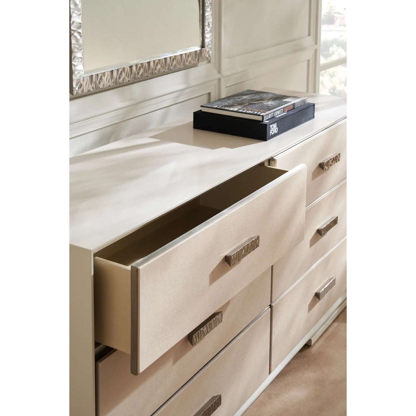 003 SI-2162860 | Closeup | Silver Lining Dresser by Caracole in silver and almond milk, brushed stainless. Made from poplar in a unique style.