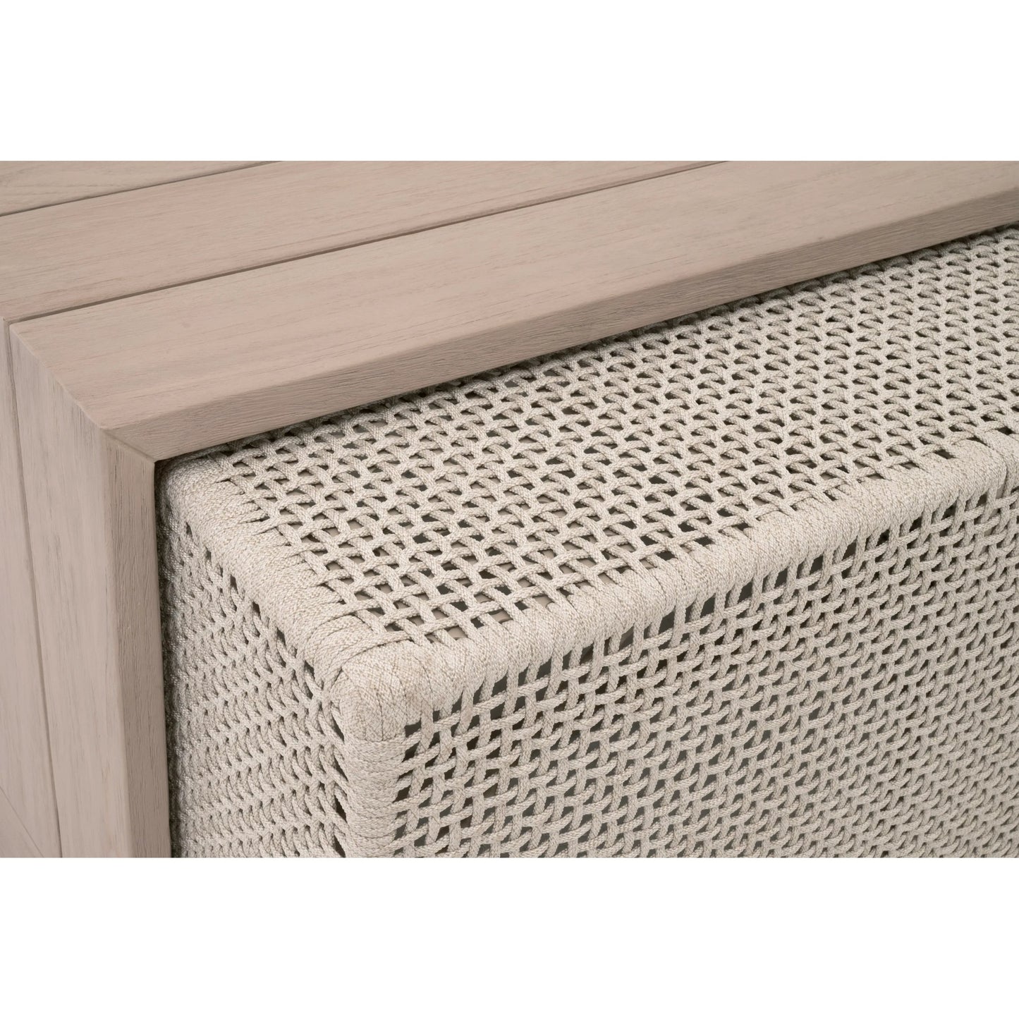 013 SI-2531742 | Closeup | Rhode Coffee Table by Essentials For Living in oat flat rope, washed ever teak. Made from solid teak wood, aluminum in a transitional style.