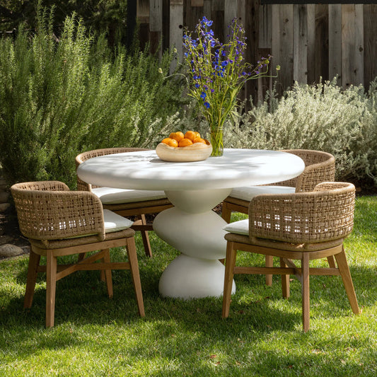 Keith Dining Chair (Set of 2) by Arch & Plane in natural, ivory cushion. Made from teak wood, synthetic rope, olefin upholstery in a rustic style.