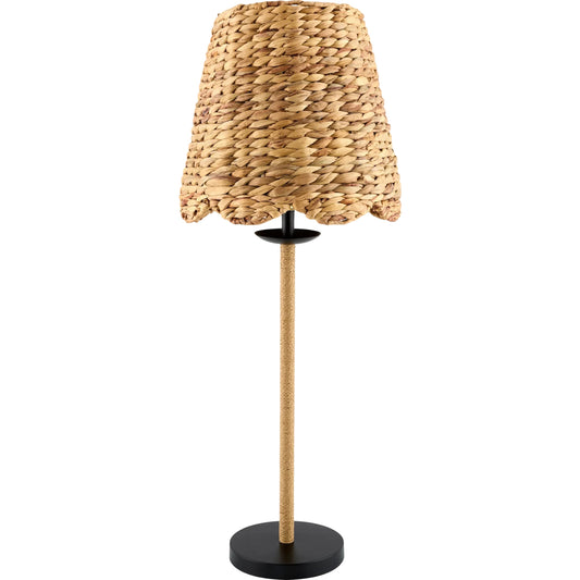 Rolla Accent Table Lamp by Livabliss in body: black, brown; base: black; shade: brown; finial: black; harp: metallic - brass; cord: translucent and hand painted. Made from iron, rattan, seagrass in a rustic style.