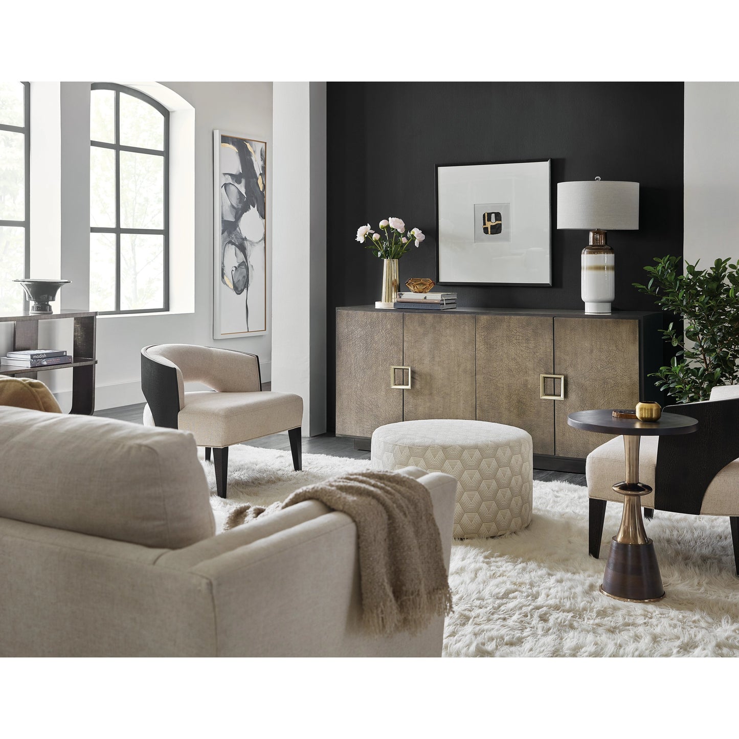 005 SI-2028926 | Lifestyle | Melange Asher Four Door Entertainment Credenza by Hooker Furniture in dark wood. Made from figured primavera veneers with canvas crackle in a modern style.