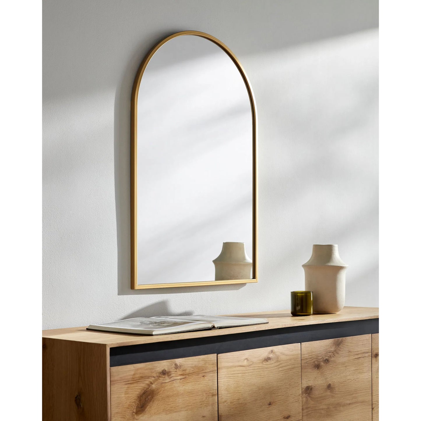 003 SI-2380137,SI-2380138 | Lifestyle | Carmen Arch Accent Mirror by Surya in gold and matte. Made from iron in a transitional style.