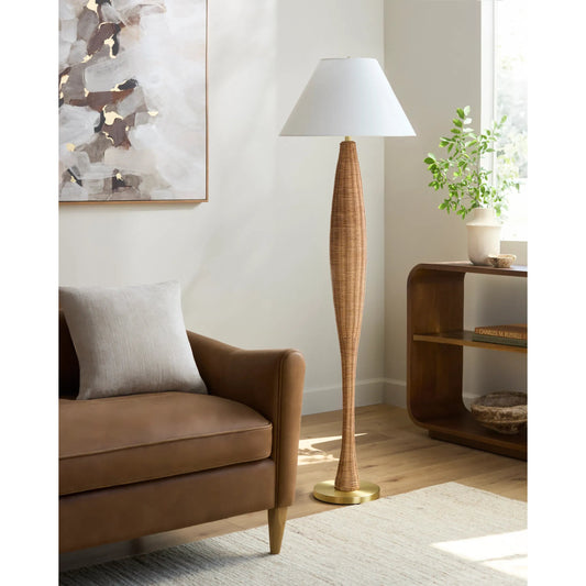 Rambla Accent Floor Lamp - 532388 by Livabliss in body: tan, base: metallic - brass, shade: white, finial: metallic - brass, harp: metallic - brass, cord: translucent and platedpaintedplated. Made from rattan, iron, linen, poly