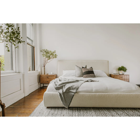 Recharge Bed by Moe's Home Collection in white. Made from upholstery: 54% polyester, 46% acrylic boucle fabric, solid pine frame, foam, wood slats, plywood, mdf in a modern style.