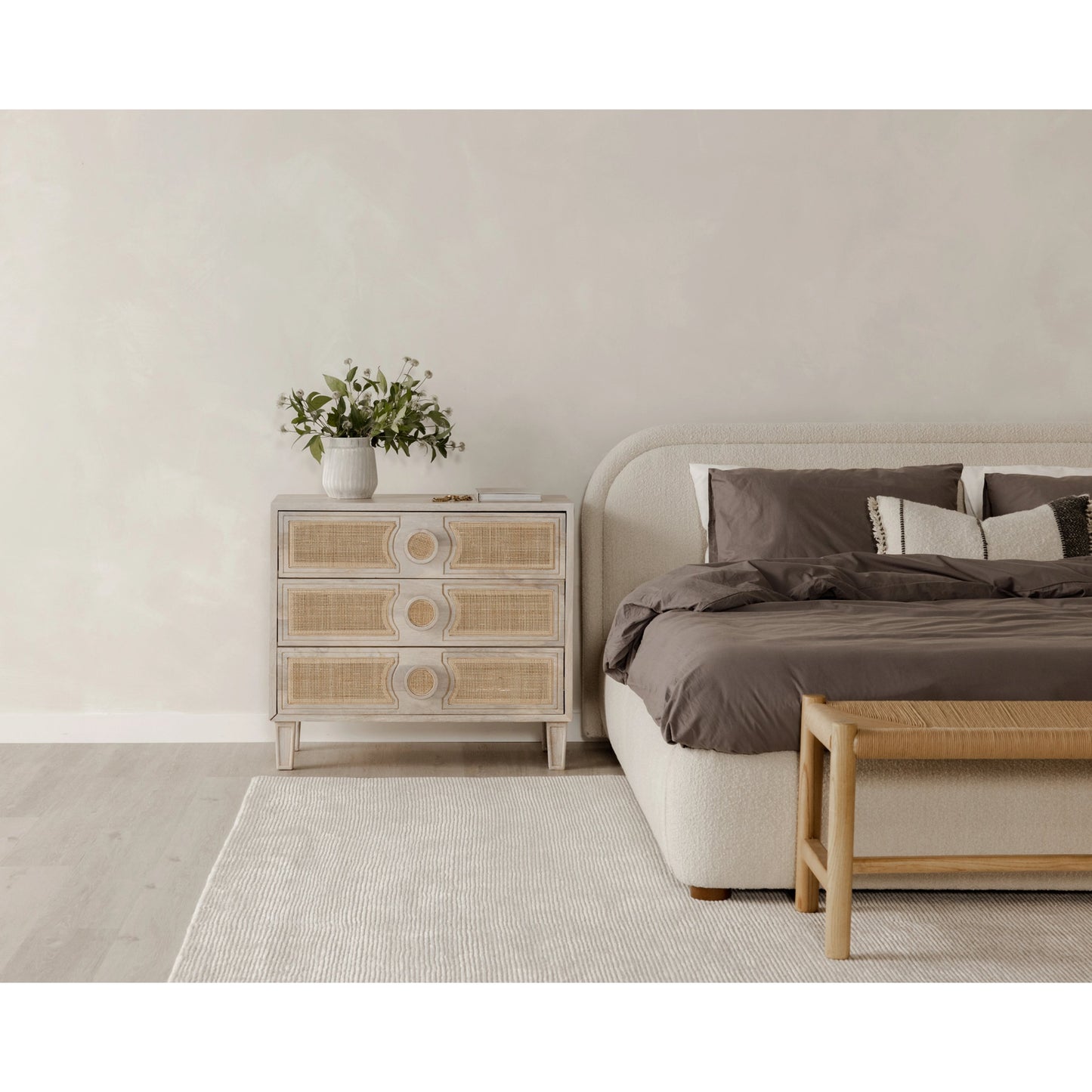 021 SI-2121897 | Lifestyle | Colin Bed by Moe's Home Collection in oatmeal. Made from upholstery: 100% polyester, solid pine frame, plywood, mdf, foam in a modern style.