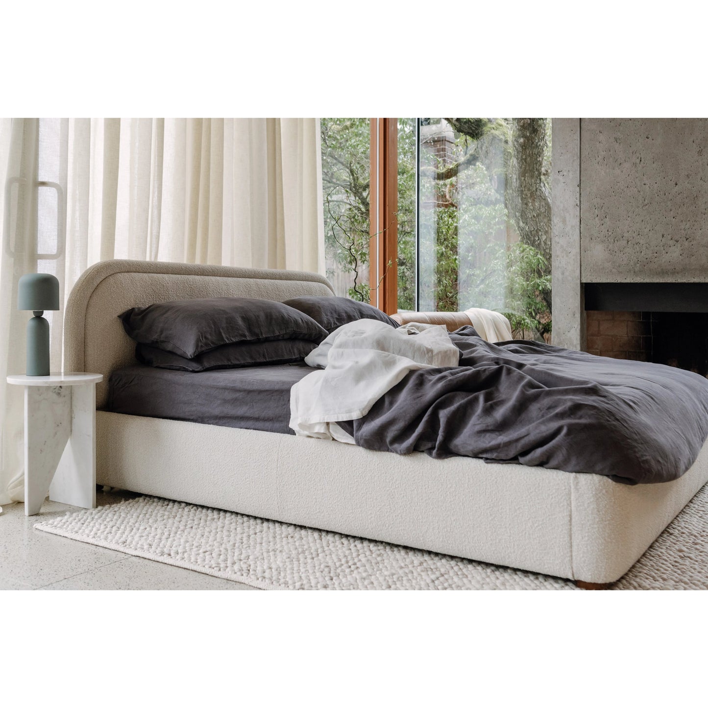 022 SI-2121897 | Lifestyle | Colin Bed by Moe's Home Collection in oatmeal. Made from upholstery: 100% polyester, solid pine frame, plywood, mdf, foam in a modern style.