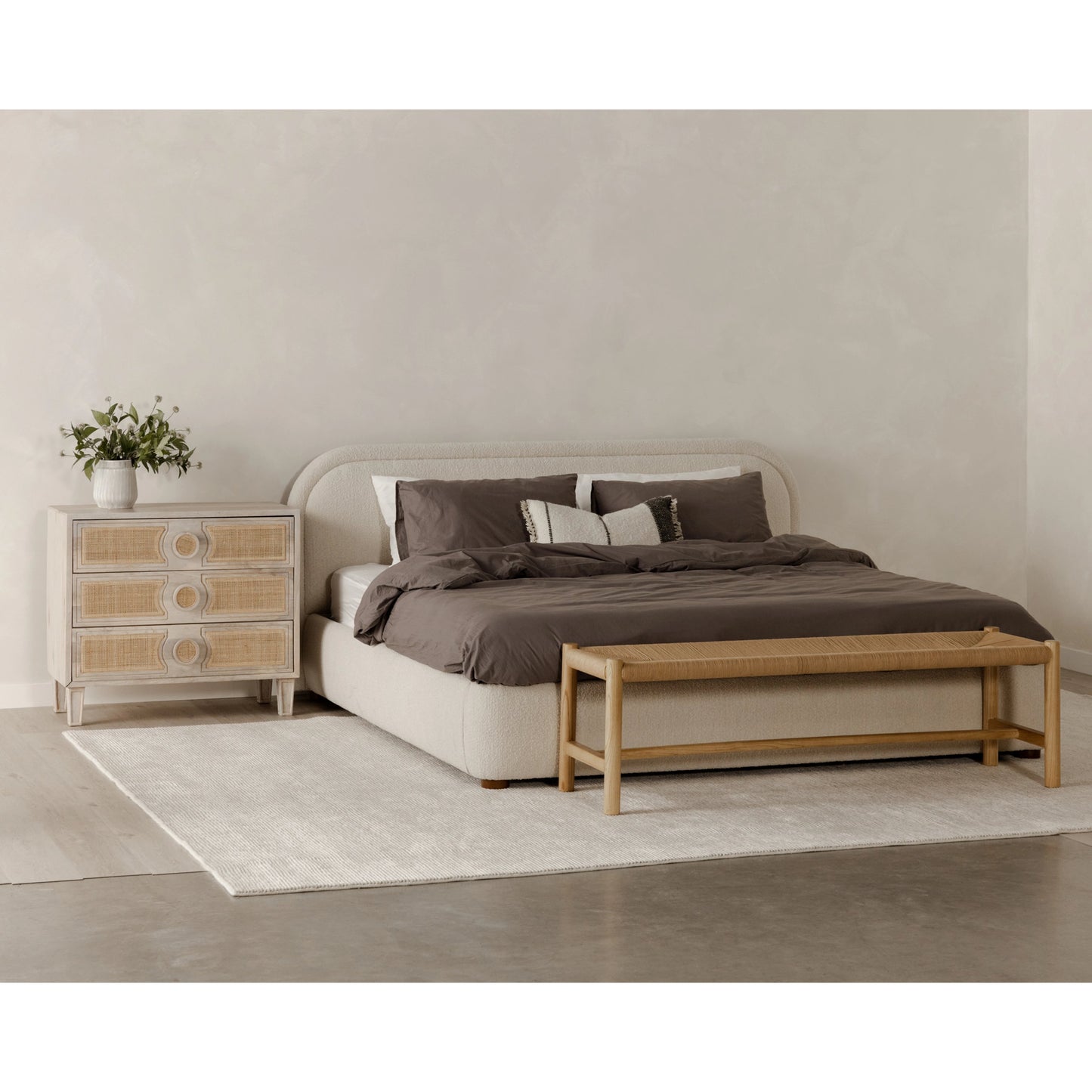 024 SI-2121897 | Lifestyle | Colin Bed by Moe's Home Collection in oatmeal. Made from upholstery: 100% polyester, solid pine frame, plywood, mdf, foam in a modern style.