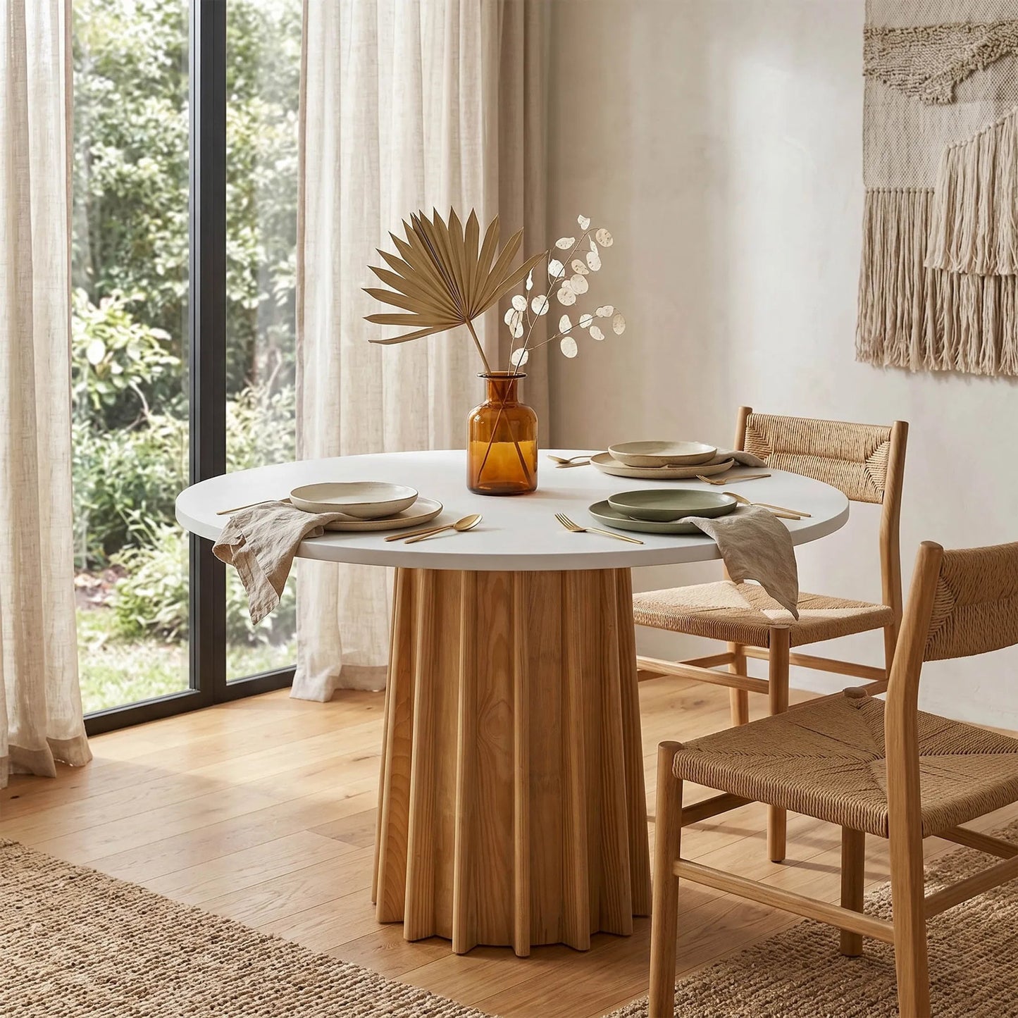 004 SI-2630305 | Lifestyle | Sculpture Dining Table by LH Imports in white, brown and natural. Made from solid pine, mdf, cement paint (natural oak, white cement colour) in a unique style.