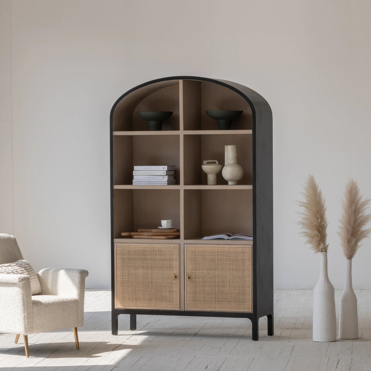 002 SI-2004381 | Lifestyle | Pietro Cabinet by LH Imports in black, brown and black brushed, natural, brass. Made from oak, rattan, metal in a modern style.