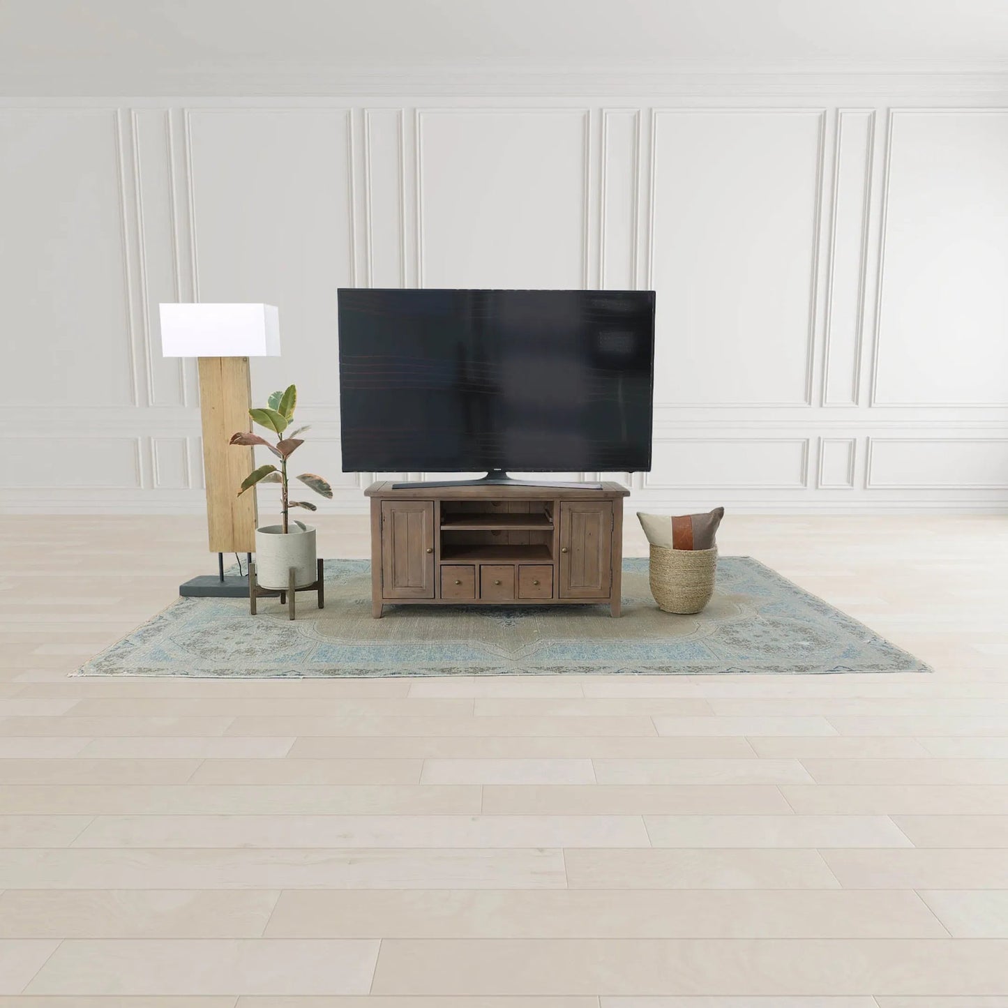 005 SI-2325221 | Lifestyle | Fonte Standing Lamp by LH Imports in brown, natural linen and natural waxed, antique bronze. Made from recycled pine, concrete, linen shade, metal in a modern style.