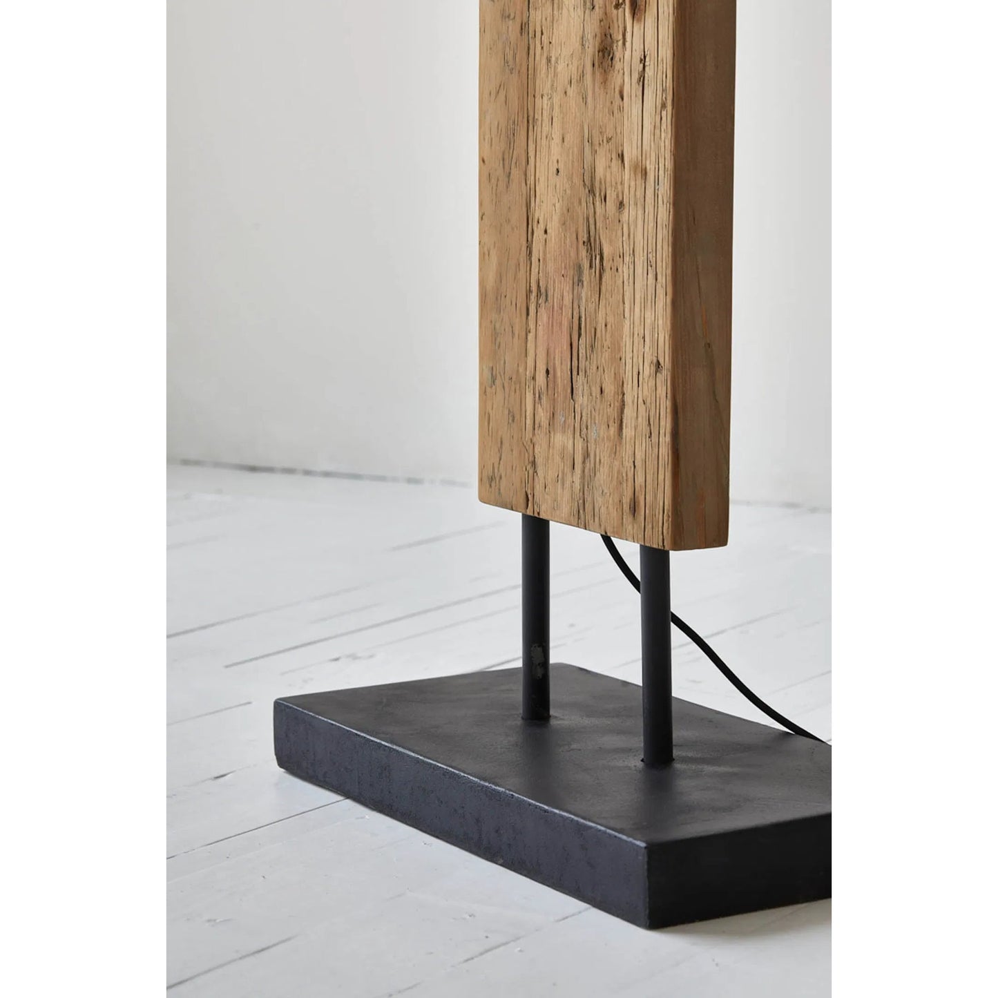 005 SI-2325221 | Closeup | Fonte Standing Lamp by LH Imports in brown, natural linen and natural waxed, antique bronze. Made from recycled pine, concrete, linen shade, metal in a unique style.