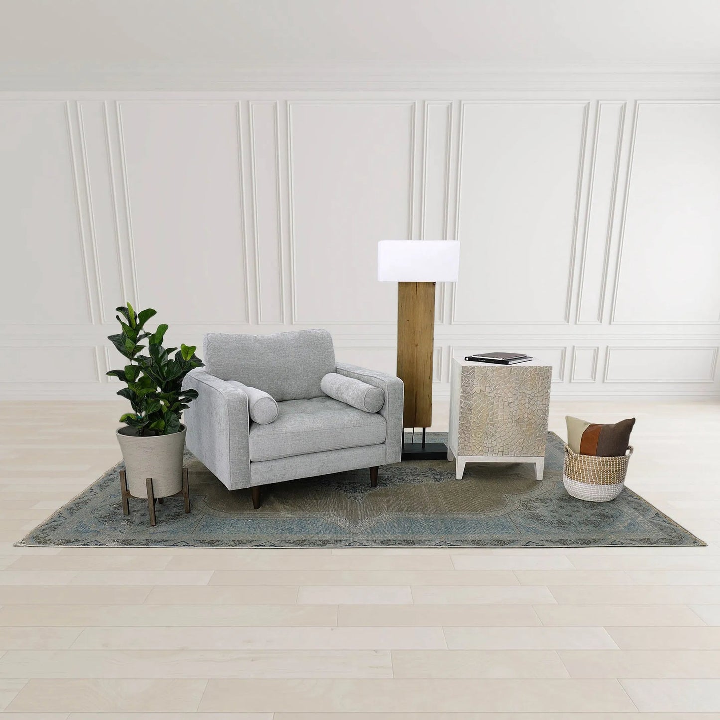 008 SI-2325221 | Lifestyle | Fonte Standing Lamp by LH Imports in brown, natural linen and natural waxed, antique bronze. Made from recycled pine, concrete, linen shade, metal in a unique style.