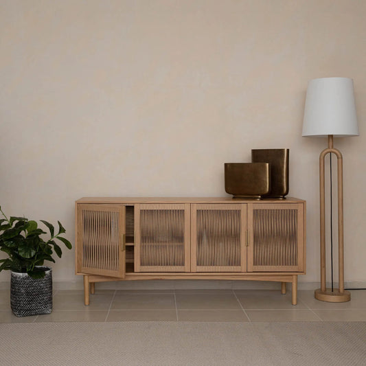 Dolce Standing Lamp by LH Imports in brown, white and natural. Made from oak, linen shade, metal in a transitional style.