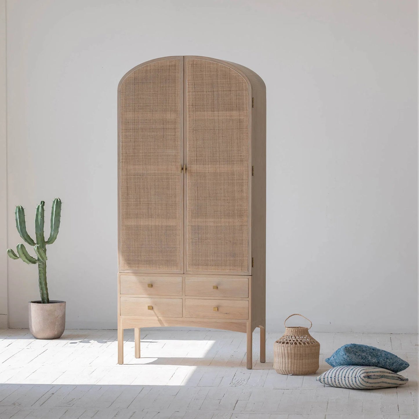 003 SI-2630306 | Lifestyle | Arco Tall Cabinet by LH Imports in brown and natural, brass. Made from solid oak, oak veneer, rattan, metal in a unique style.