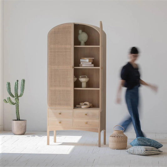Arco Tall Cabinet by LH Imports in brown and natural, brass. Made from solid oak, oak veneer, rattan, metal in a unique style.