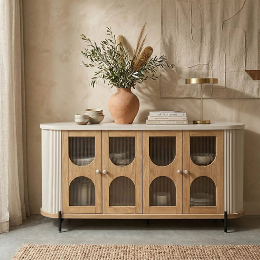 Colosseo Sideboard by LH Imports in brown, grey and natural oak, grey, black. Made from solid oak, mdf, oak veneer, metal, glass in a unique style.