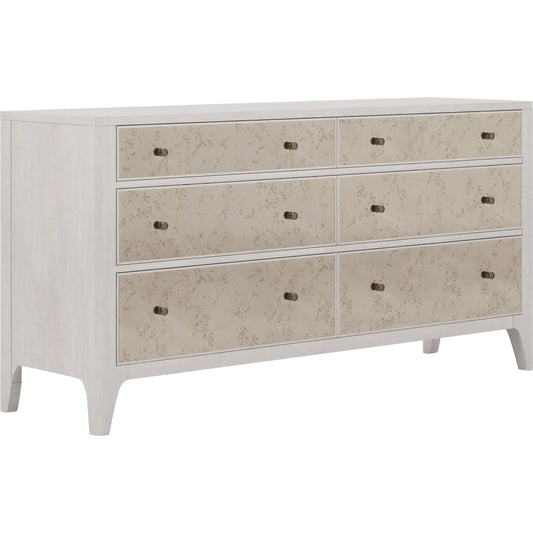 Mezzanine 6 Drawer Mirrored Dresser by A.R.T. Furniture in dove gray. Made from parawood, poplar solids, maple veneer, mirror in a modern style.