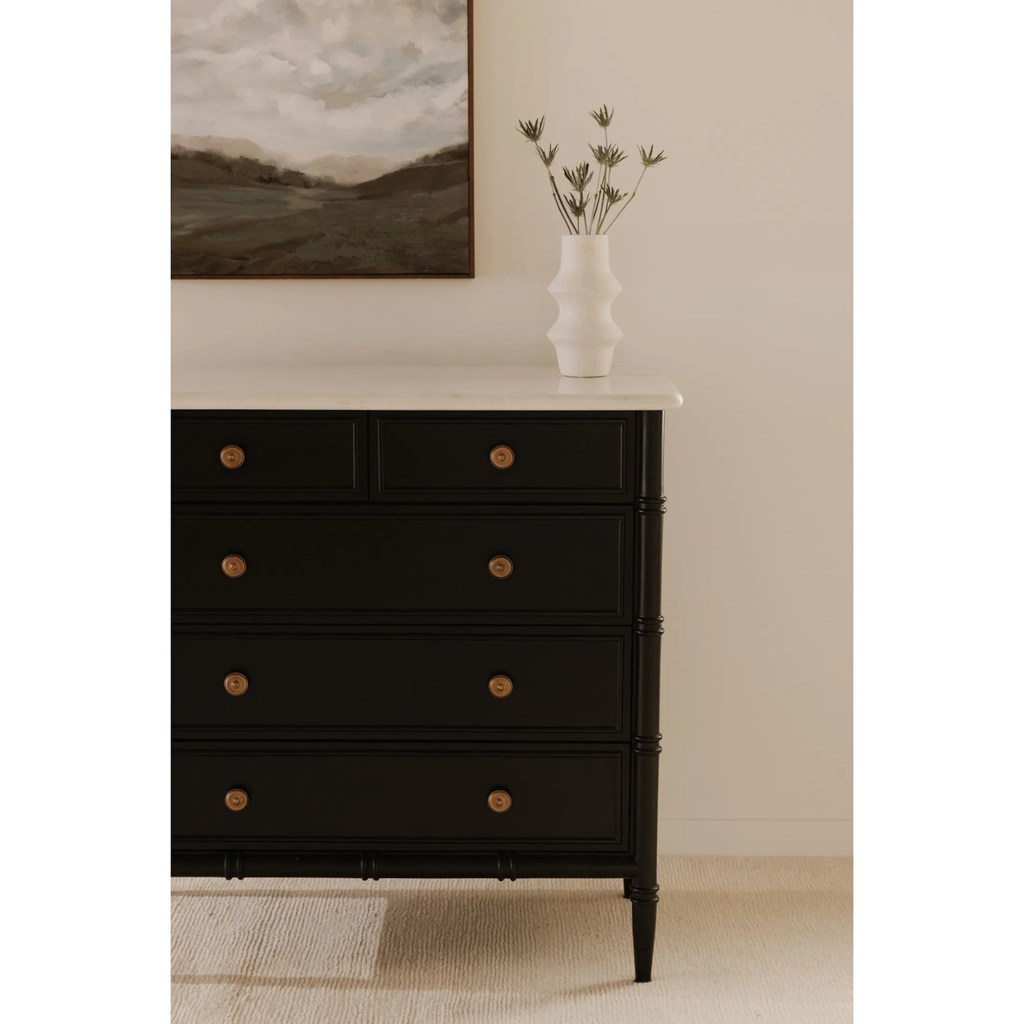 013 SI-2367995 | Lifestyle | Eleanor 5 Drawer Chest by Moe's Home Collection in black. Made from banswara marble top, mdf frame, case, drawers, solid mango wood legs in a traditional style.