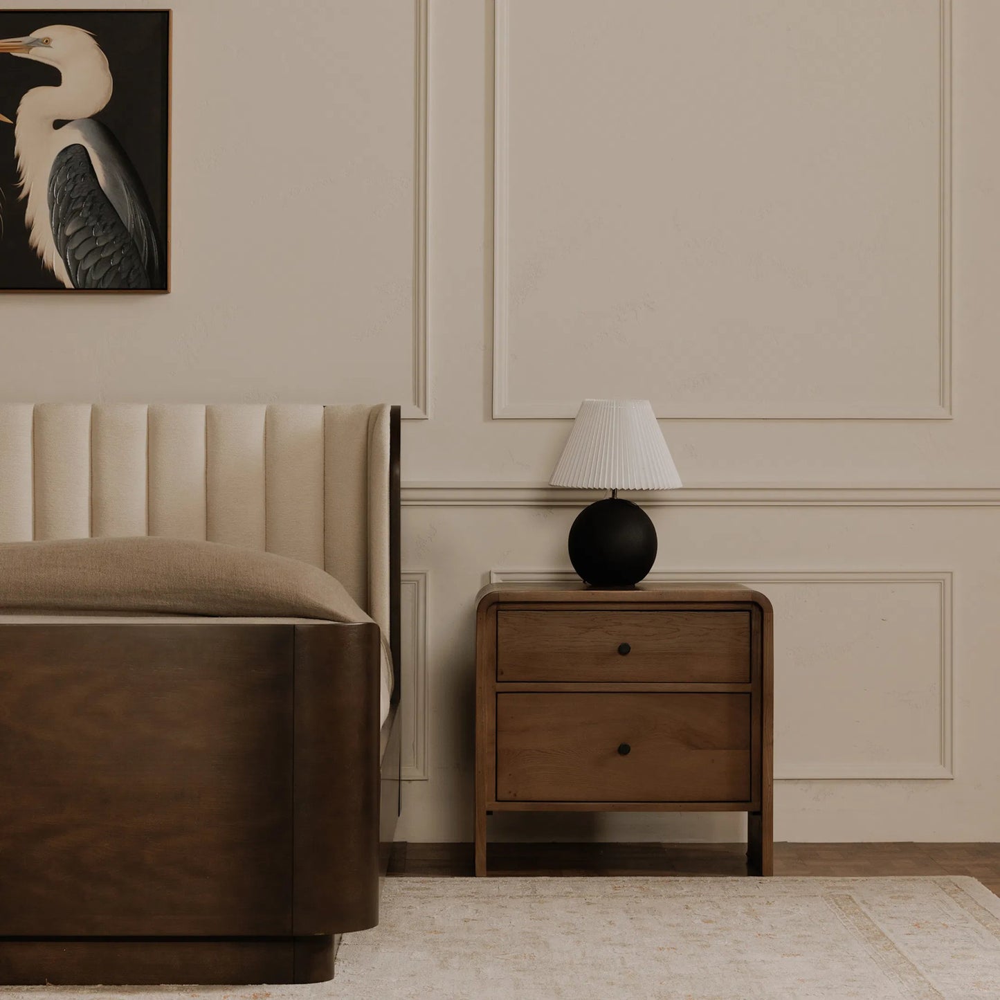 004 SI-2368264 | Lifestyle | Riley Nightstand by Moe's Home Collection in brown. Made from oak, oak veneer in a transitional style.