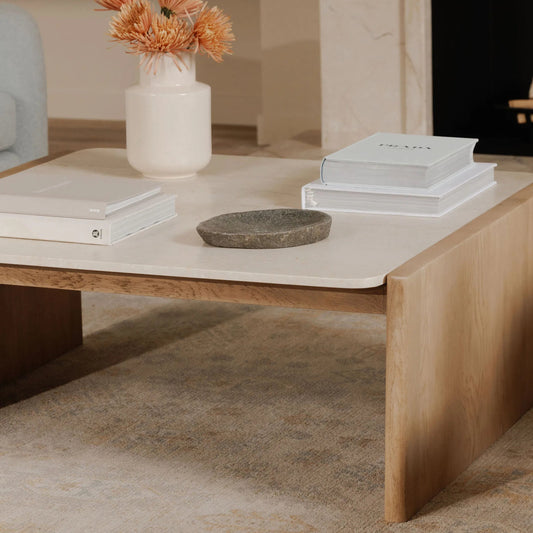 Lane Coffee Table by Moe's Home Collection in natural. Made from oak, bottichino marble in a transitional style.