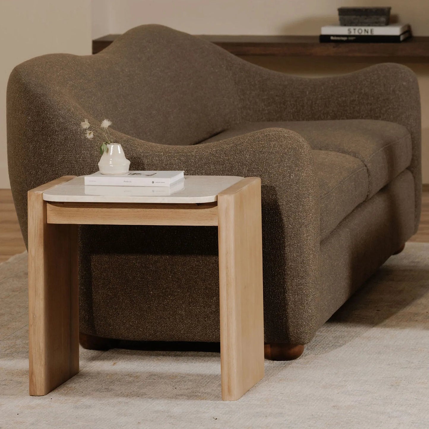 006 SI-2368146 | Lifestyle | Lane Side Table by Moe's Home Collection in natural. Made from oak, bottichino marble in a transitional style.