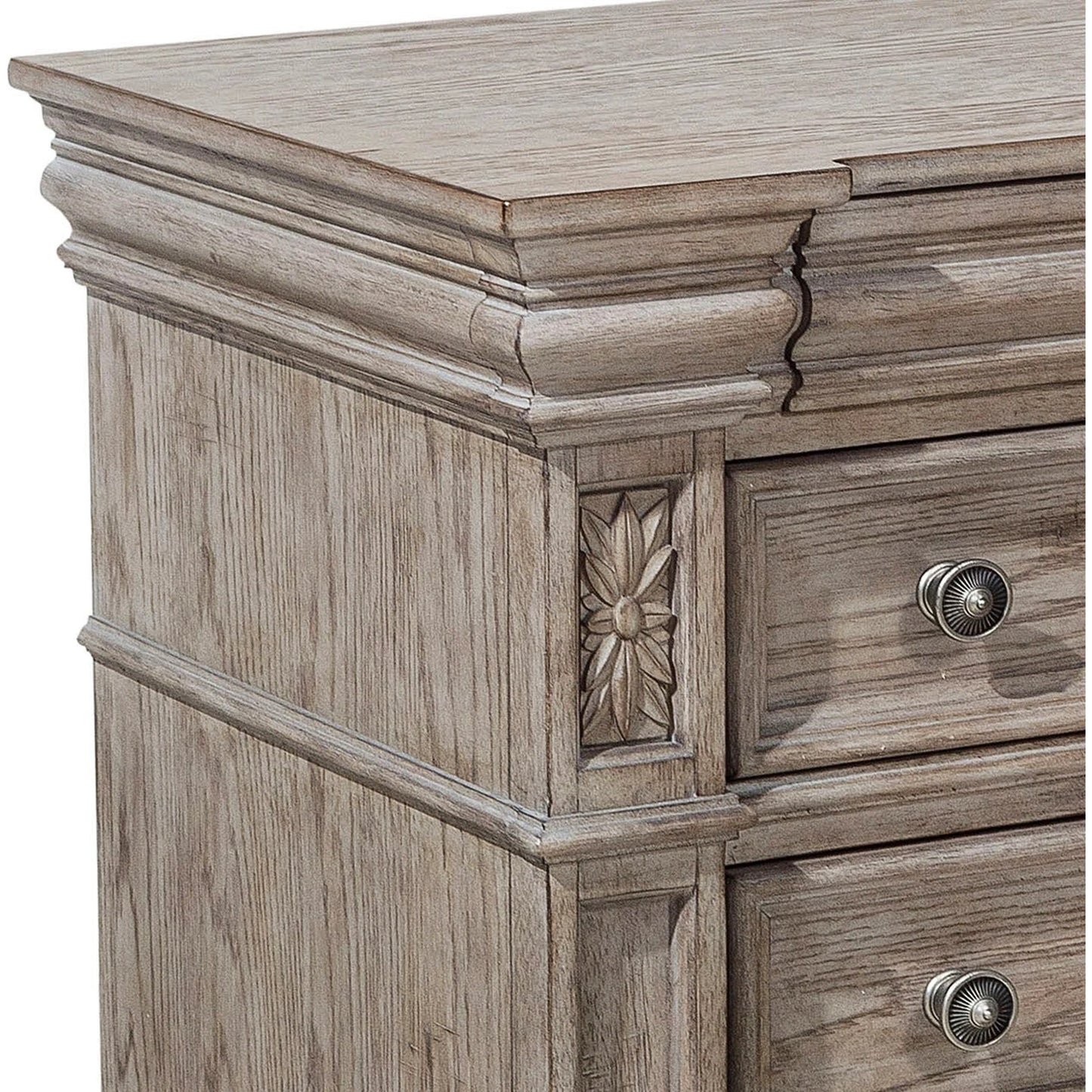 004 SI-2155590 | Closeup | Kingsbury Bachelor's Chest by Pulaski Furniture in french grey. Made from oak veneers, hardwood solids in a traditional style.