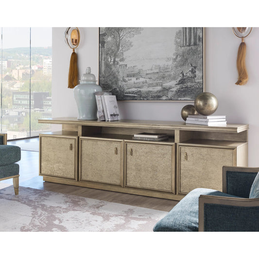 Cove Entertainment Console by A.R.T. Furniture in grey and mica. Made from rubberwood solids, primavera veneers, metal, cork in a traditional style.