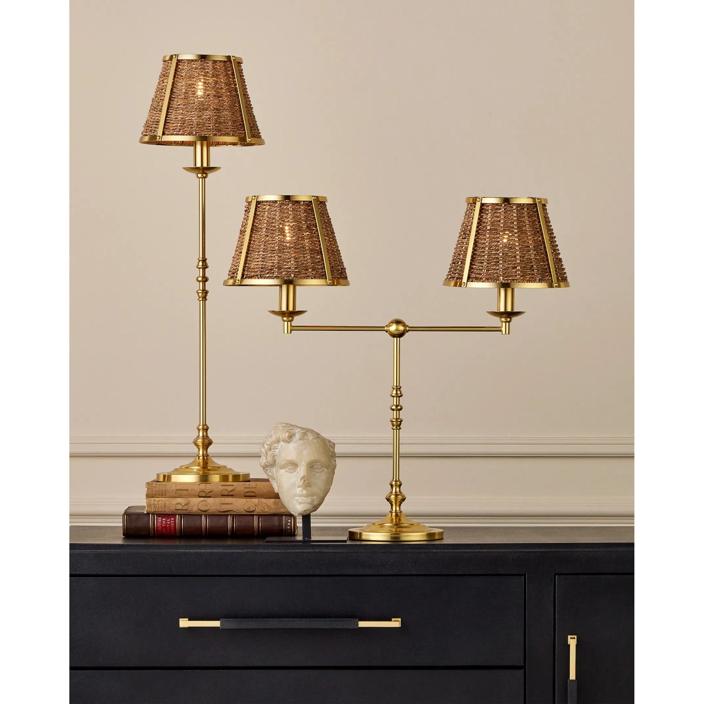 010 SI-2133900 | Lifestyle | Deauville Desk Lamp by Currey and Company in polished brass, natural. Made from metal, seagrass in a cottage & farmhouse style.
