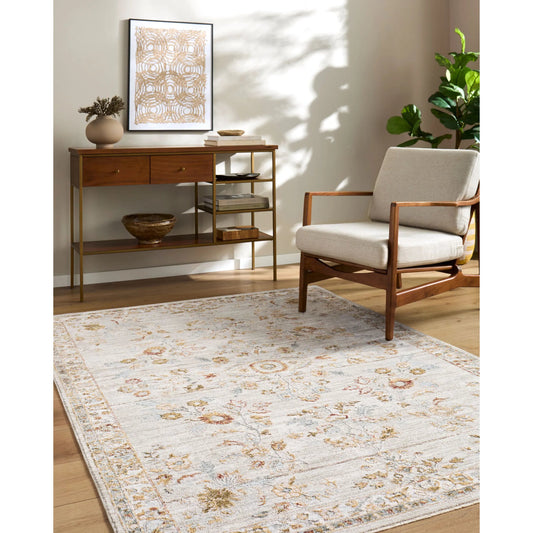 Roseanne RSE-2303 Rug by Livabliss in light gray, ivory, cream, mustard, pale blue, sage. Made from polyester in a unique style.
