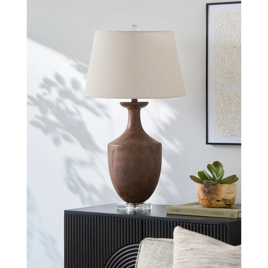 Rustleaf Accent Table Lamp by Livabliss in dark brown and translucent, painted. Made from resin, crystal, linen, polyester in a modern style.
