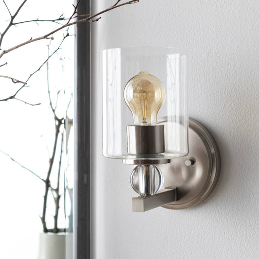 Rosemarie Wall Sconce by Surya in clear, metallic nickel and brushed. Made from metal, crystal in a modern style.
