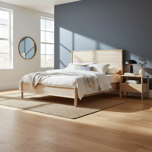 Runway Bed by LH Imports in light oak. Made from oak in a unique style.