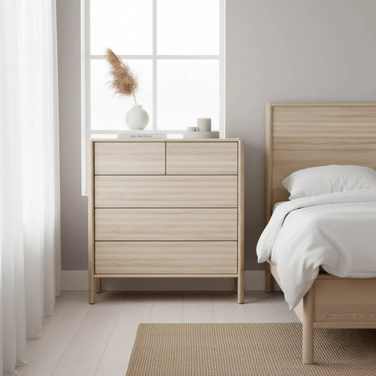 Runway 5 Drawer Chest by LH Imports in light oak. Made from oak in a unique style.