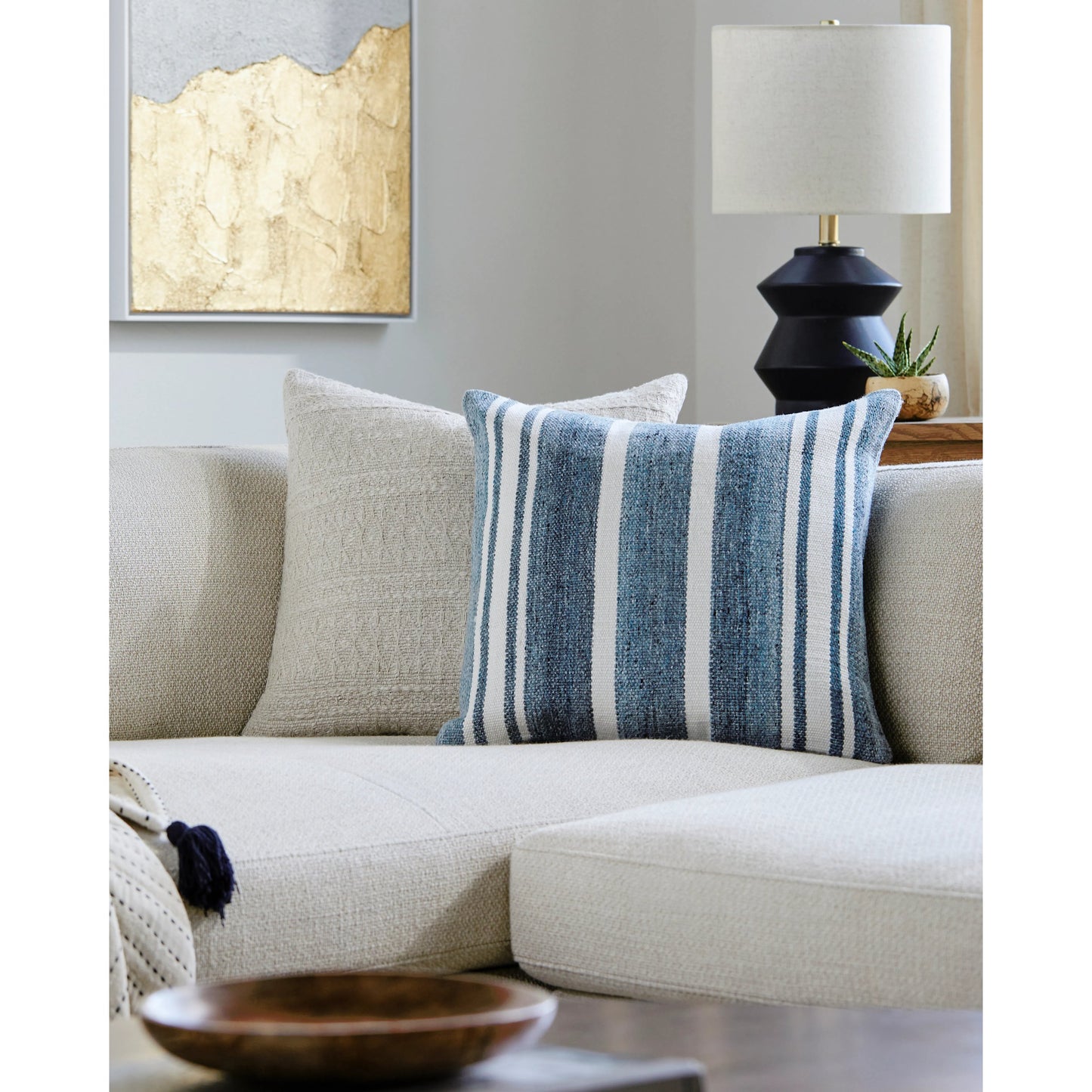 003 SI-2132848,SI-2132849,SI-2132851,SI-2132852,SI-2132854,SI-2132855 | Lifestyle | Rayer Indoor/Outdoor Pillow by Surya in blue. Made from front: 100% recycled pet yarn, back: 100% recycled pet yarn in a modern style.