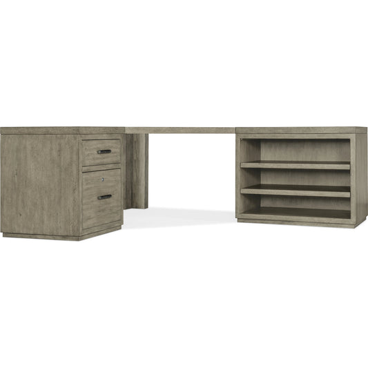 001 SI-1900738 | Primary Silo | Linville Falls Corner Desk with Open & Small File by Hooker Furniture in mink, antique pewter. Made from oak veneers in a modern style.