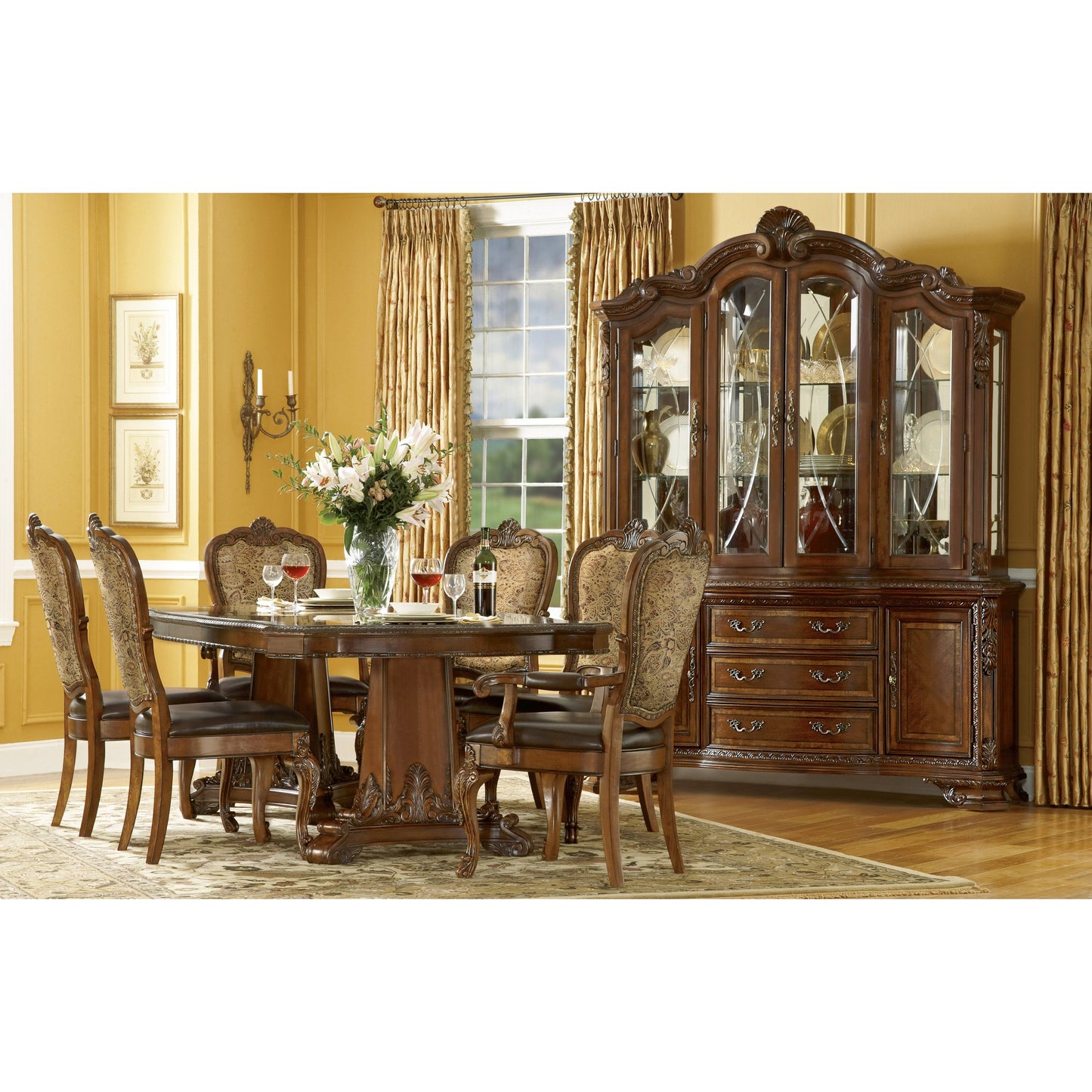 004 SR-882042 | Lifestyle | Old World China Cabinet by A.R.T. Furniture in brown and medium cherry. Made from new zealand pine solids, cathedral cherry veneer, exotic avodire veneer, glass in a traditional style.