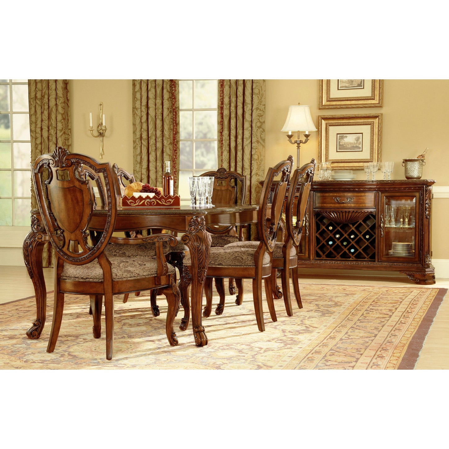 003 SI-2065097 | Lifestyle | Old World Shield Back Arm Chair (Set of 2) by A.R.T. Furniture in brown and medium cherry. Made from parawood solids, cherry and avodire veneers, foam, fabric in a traditional style.