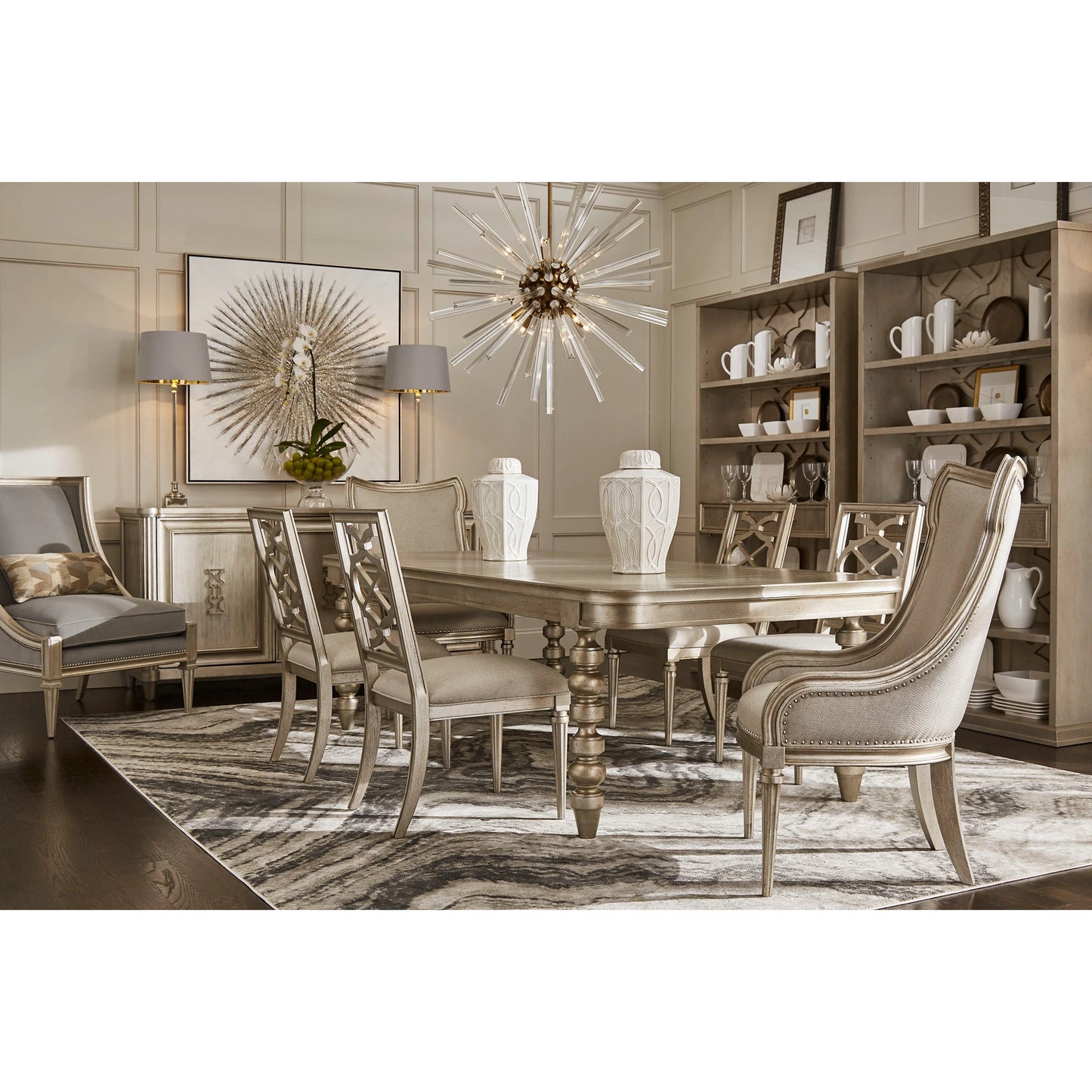006 SI-1946525 | Lifestyle | Morrissey Oldham Extendable Dining Table by A.R.T. Furniture in silver and bezel. Made from parawood solids, primavera veneers in a transitional style.