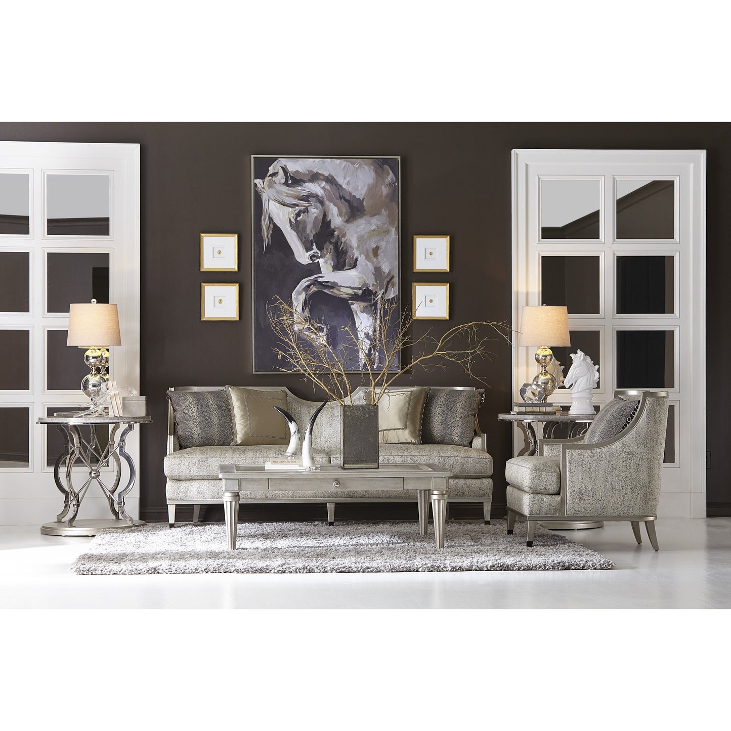 008 SR-882028 | Lifestyle | Morrissey Yeats Lamp Table by A.R.T. Furniture in silver and bezel. Made from parawood solids, primavera veneers, travertine stone in a transitional style.