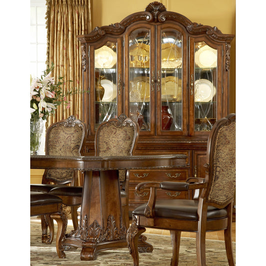 Old World Double Pedestal Dining Table by A.R.T. Furniture in brown and medium cherry. Made from new zealand pine solids, cathedral cherry veneer, exotic avodire veneer in a traditional style.