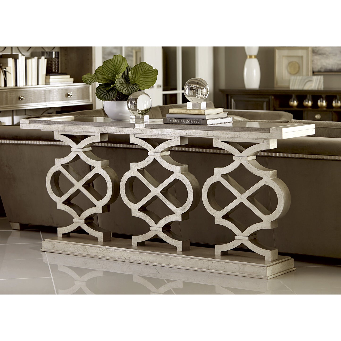 005 SR-882012 | Lifestyle | Morrissey Hillier Console Table by A.R.T. Furniture in silver and bezel. Made from parawood solids, primavera veneers, travertine stone in a transitional style.