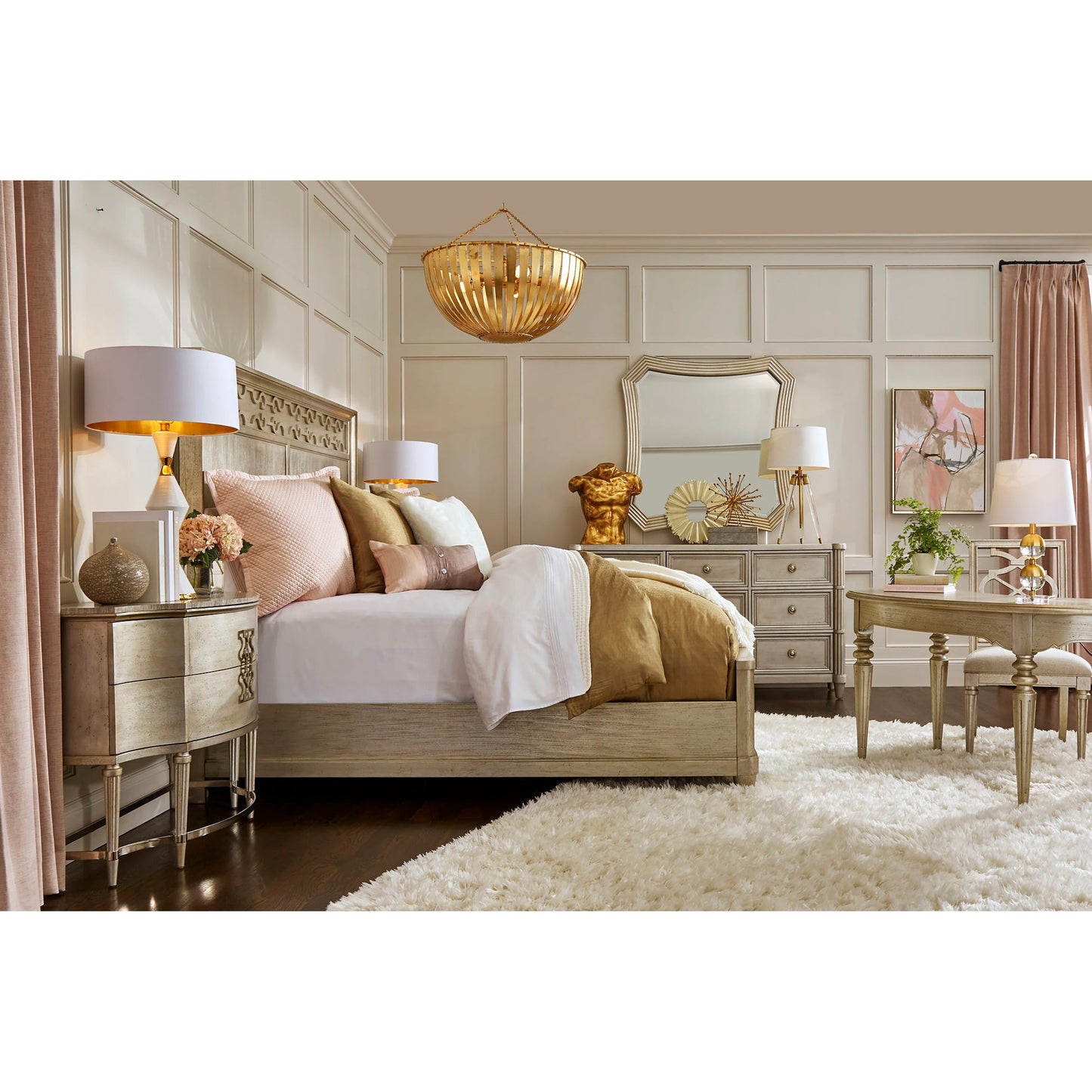 023 SI-1946518 | Lifestyle | Morrissey Cashin Panel Bed by A.R.T. Furniture in silver and bezel. Made from parawood solids, primavera veneers in a transitional style.