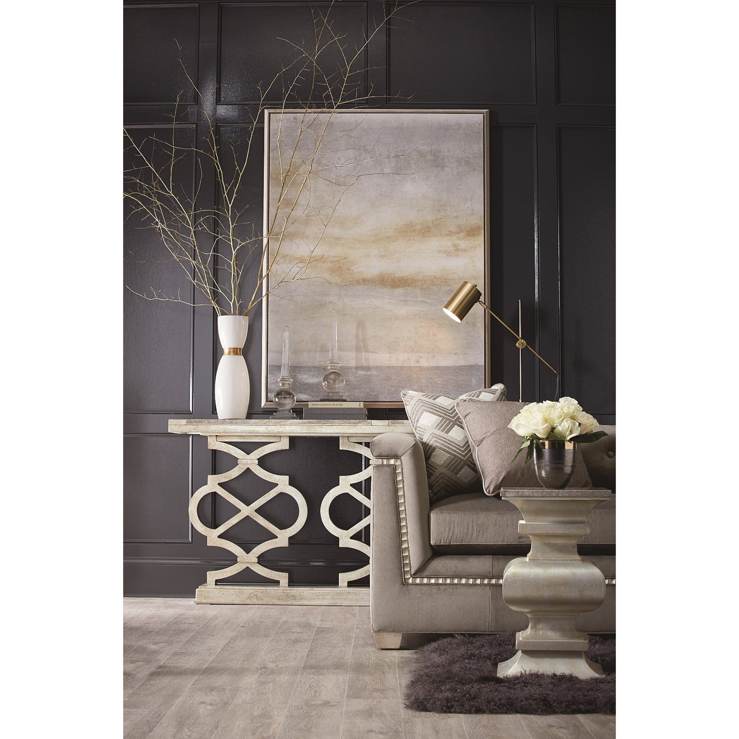 008 SR-882012 | Lifestyle | Morrissey Hillier Console Table by A.R.T. Furniture in silver and bezel. Made from parawood solids, primavera veneers, travertine stone in a transitional style.