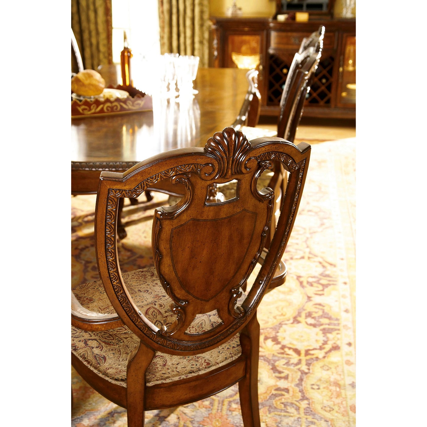 005 SI-2065097 | Lifestyle | Old World Shield Back Arm Chair (Set of 2) by A.R.T. Furniture in brown and medium cherry. Made from parawood solids, cherry and avodire veneers, foam, fabric in a traditional style.