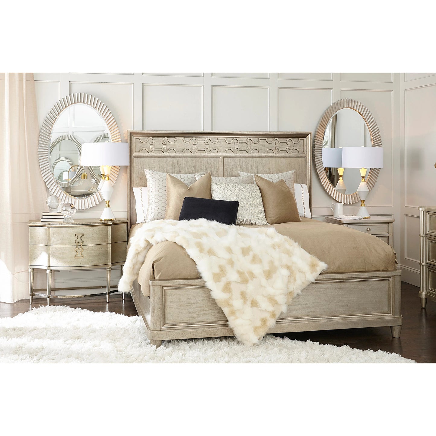 024 SI-1946518 | Lifestyle | Morrissey Cashin Panel Bed by A.R.T. Furniture in silver and bezel. Made from parawood solids, primavera veneers in a transitional style.