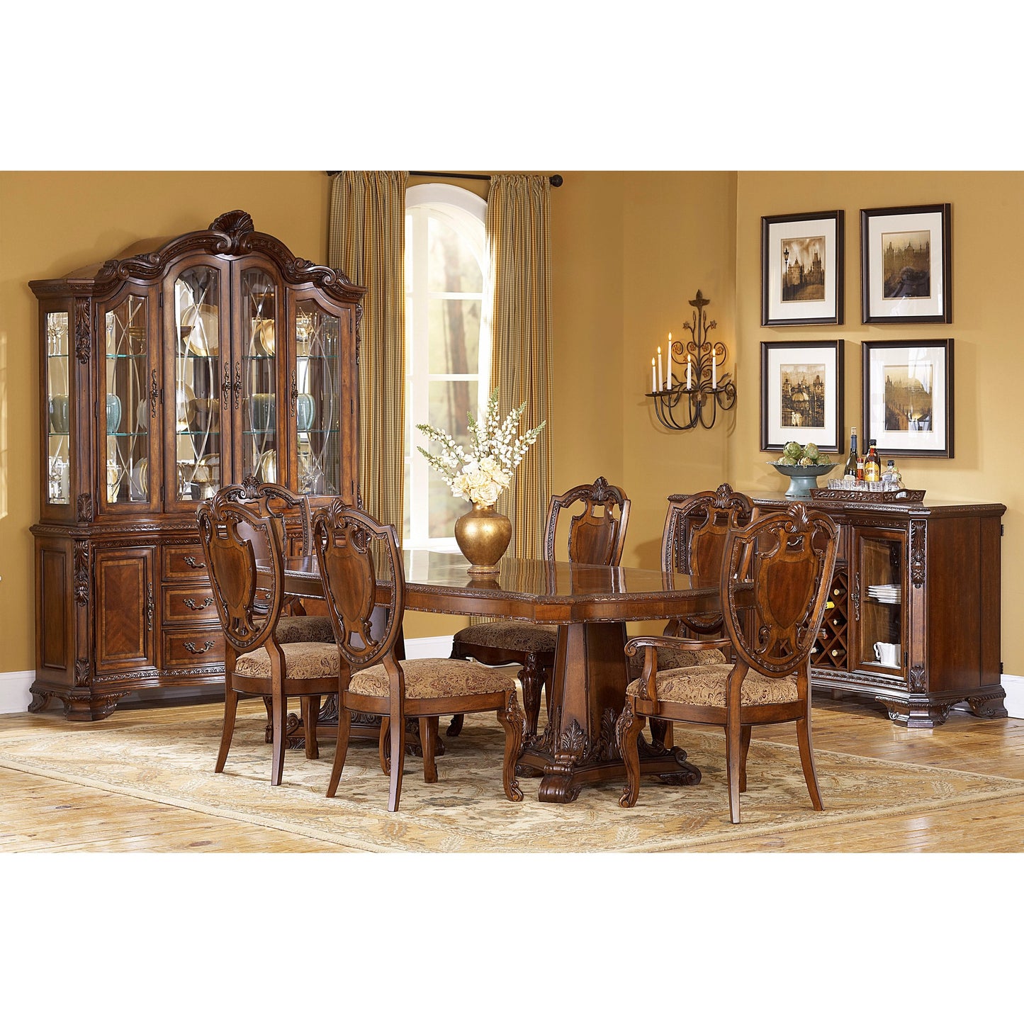 004 SI-2065097 | Lifestyle | Old World Shield Back Arm Chair (Set of 2) by A.R.T. Furniture in brown and medium cherry. Made from parawood solids, cherry and avodire veneers, foam, fabric in a traditional style.