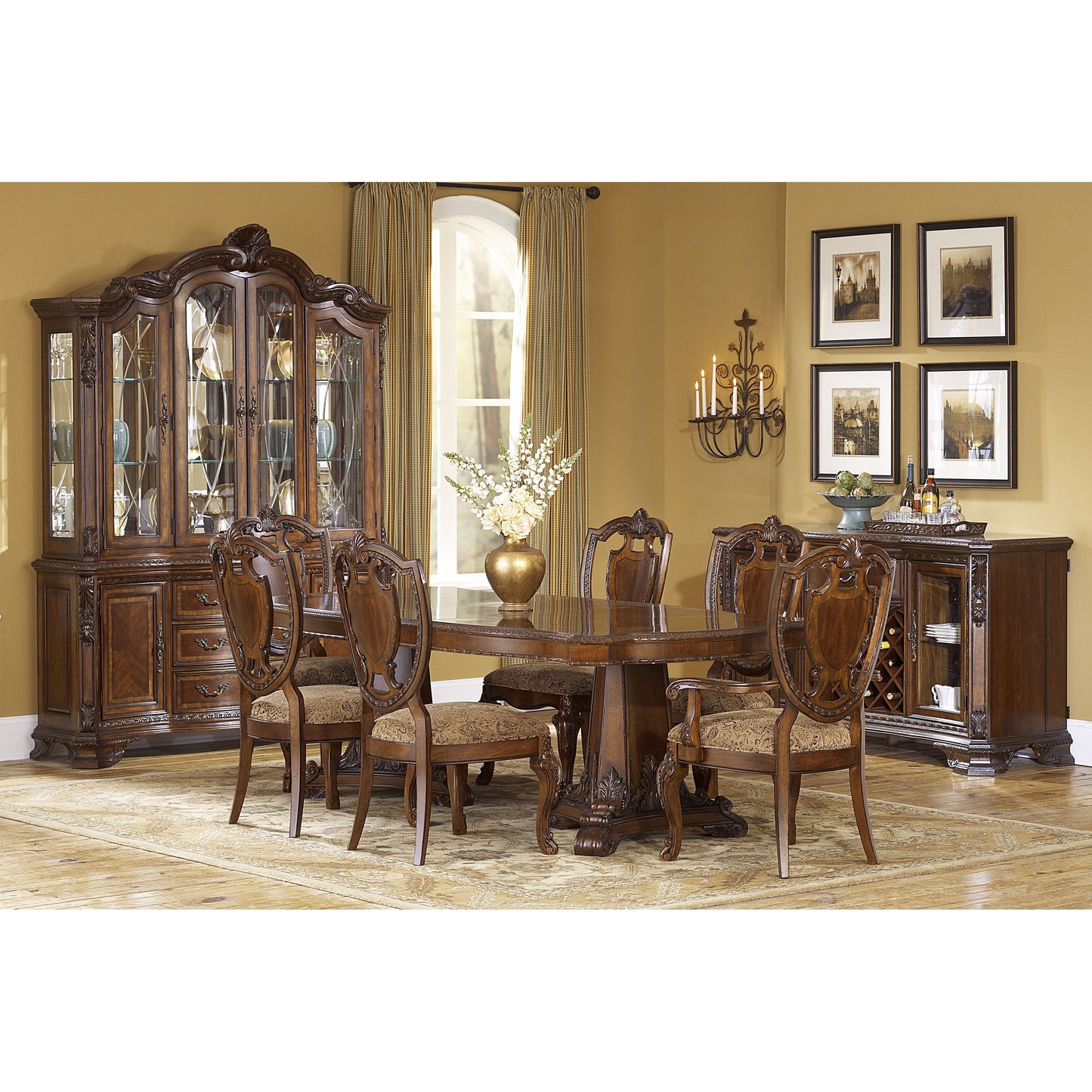 005 SR-882042 | Lifestyle | Old World China Cabinet by A.R.T. Furniture in brown and medium cherry. Made from new zealand pine solids, cathedral cherry veneer, exotic avodire veneer, glass in a traditional style.