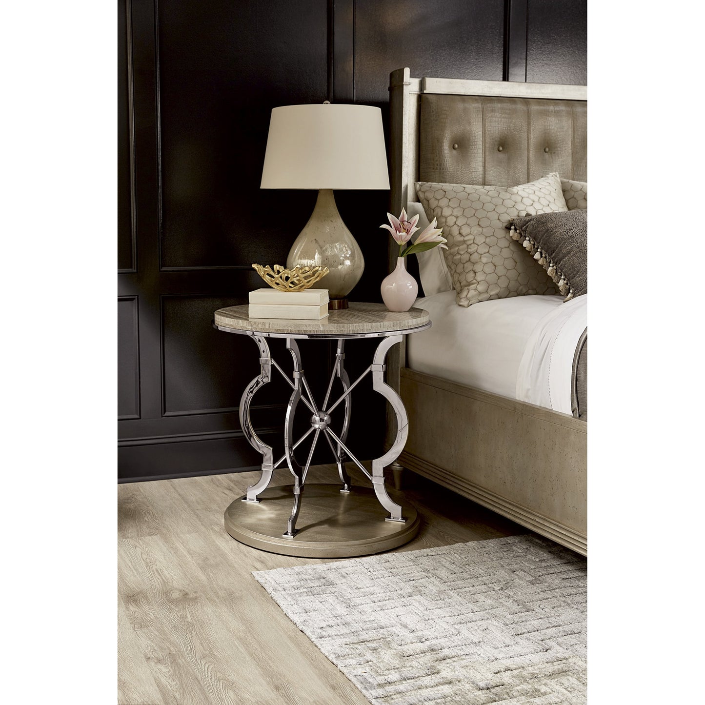005 SR-882028 | Lifestyle | Morrissey Yeats Lamp Table by A.R.T. Furniture in silver and bezel. Made from parawood solids, primavera veneers, travertine stone in a transitional style.